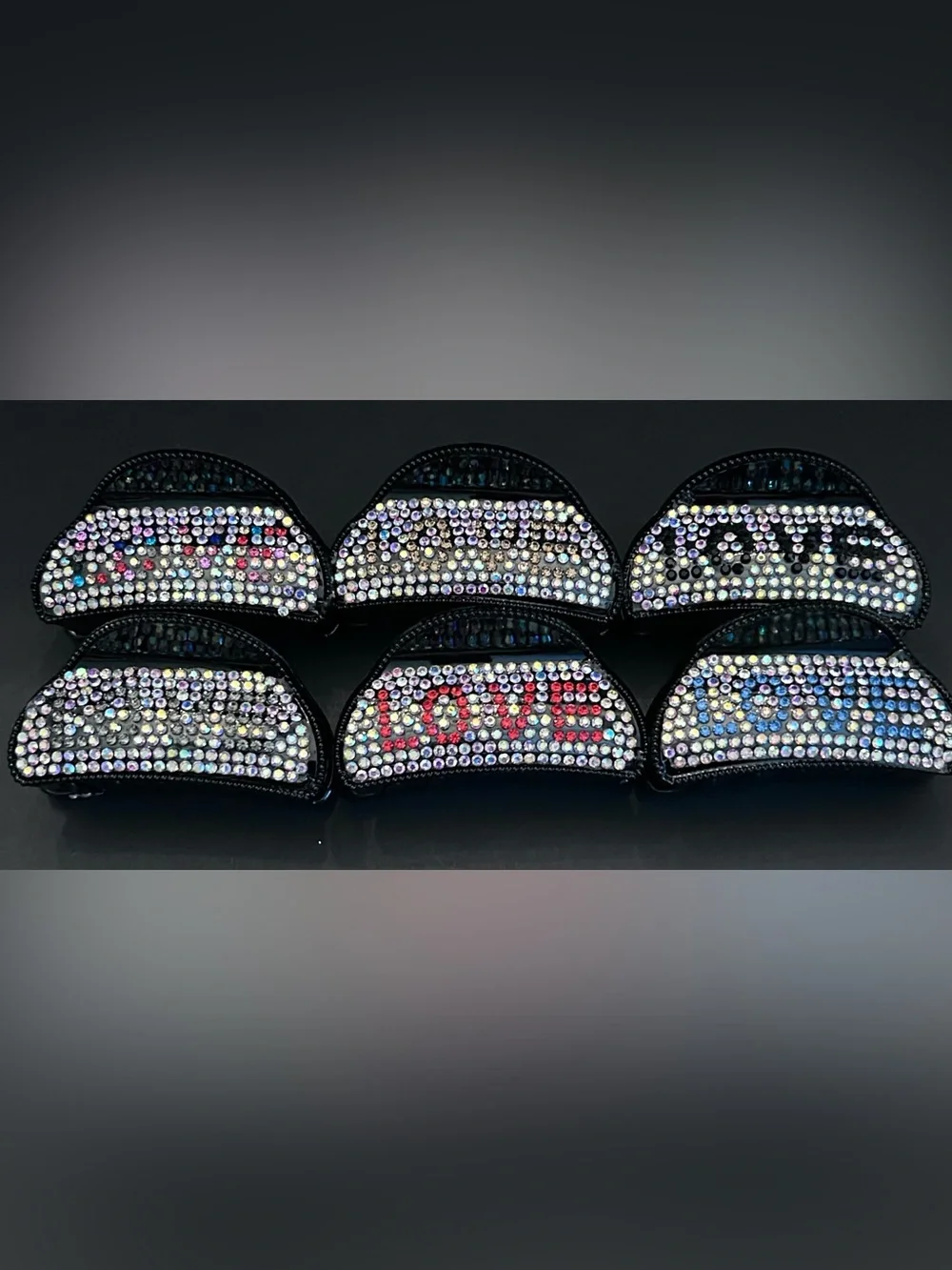 Embellished Crystal LOVE Hair Claw Clips Assorted Colors w/Aurora Rhinestones 6